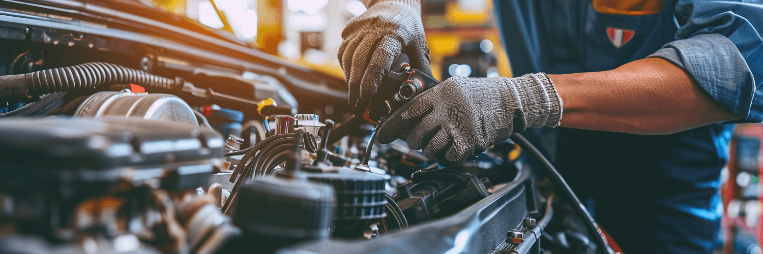 Primer plano de mecánico revisando el motor